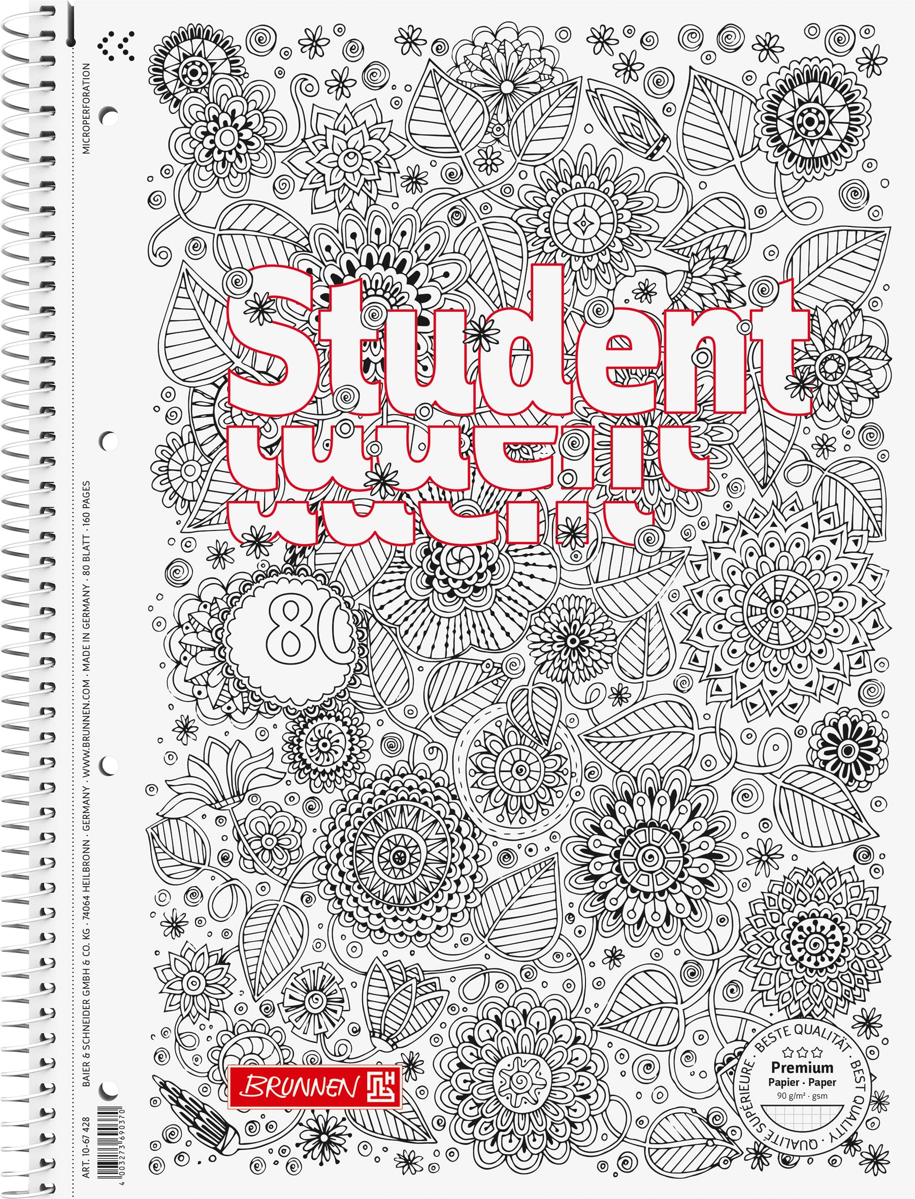 brunnen-collegeblock-premium-student-zenart-floral-a4-lineatur-28-80-blatt-wei image 1