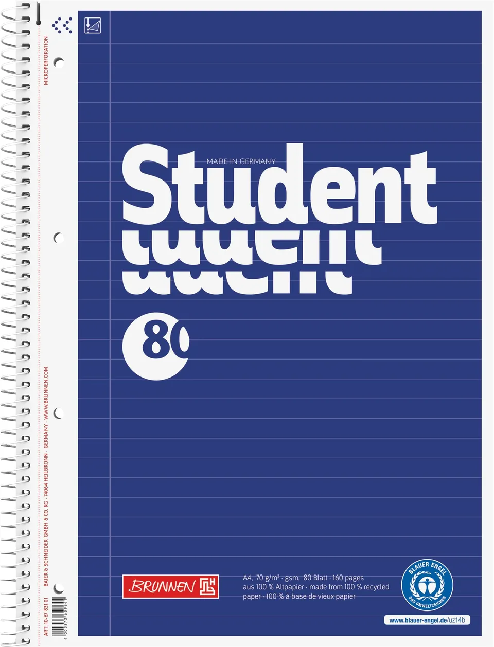 brunnen-collegeblock-student-recycling-a4-liniert-80-blatt-blau image 1