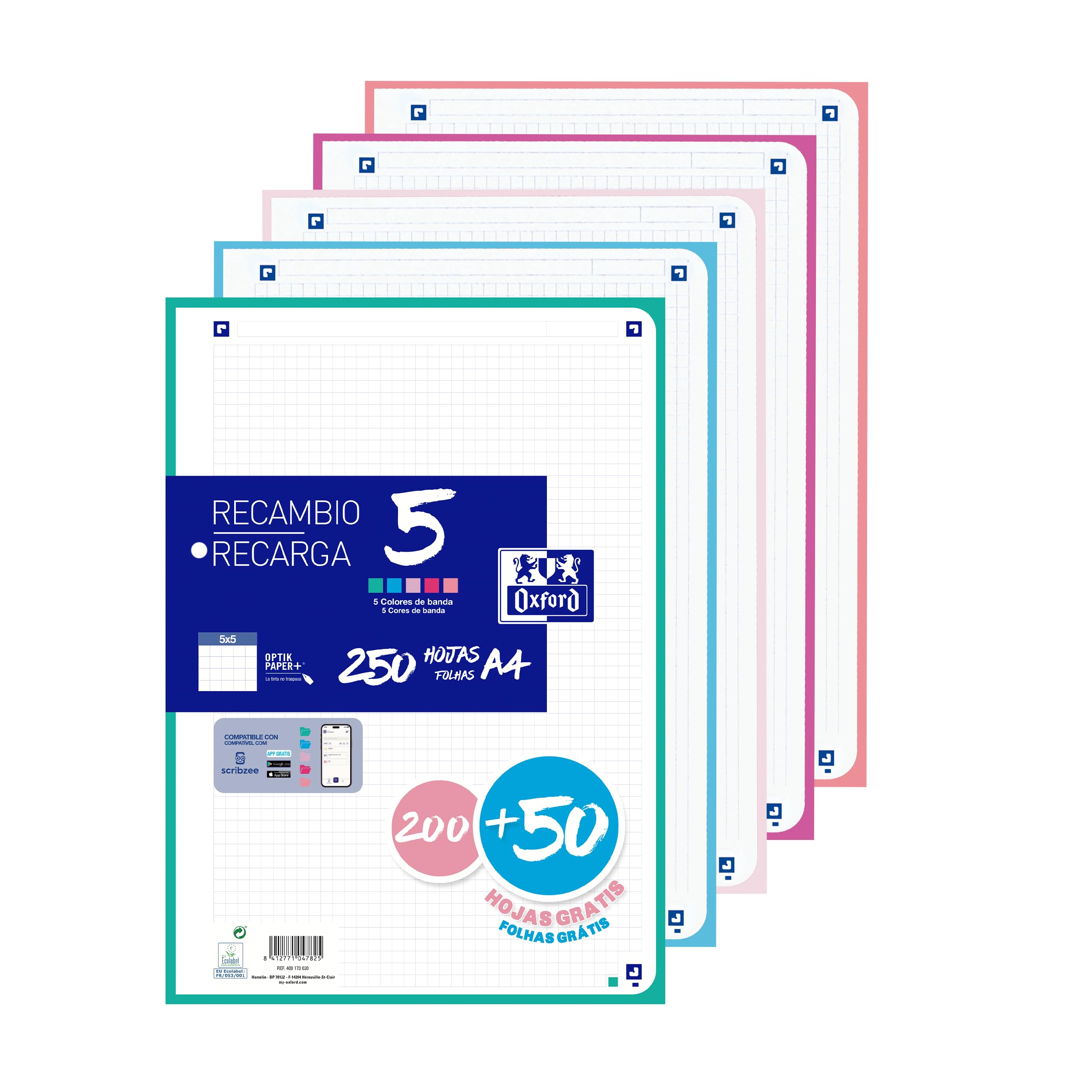 oxford-nachf-llpack-a4-kariert-5x5-250-blatt-4-fach-lochung-5-pastell-bandfarben image 1