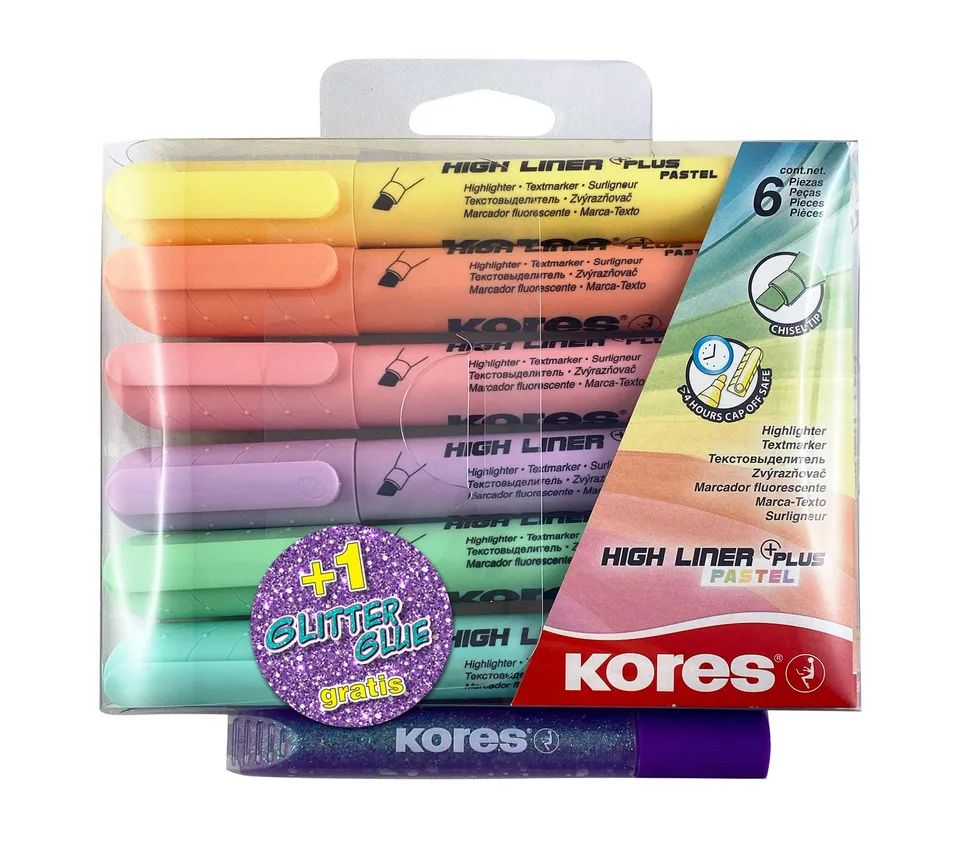 kores-highliner-plus-textmarker-keilspitze-pastell-6er-set-glitterglue-gratis image 1