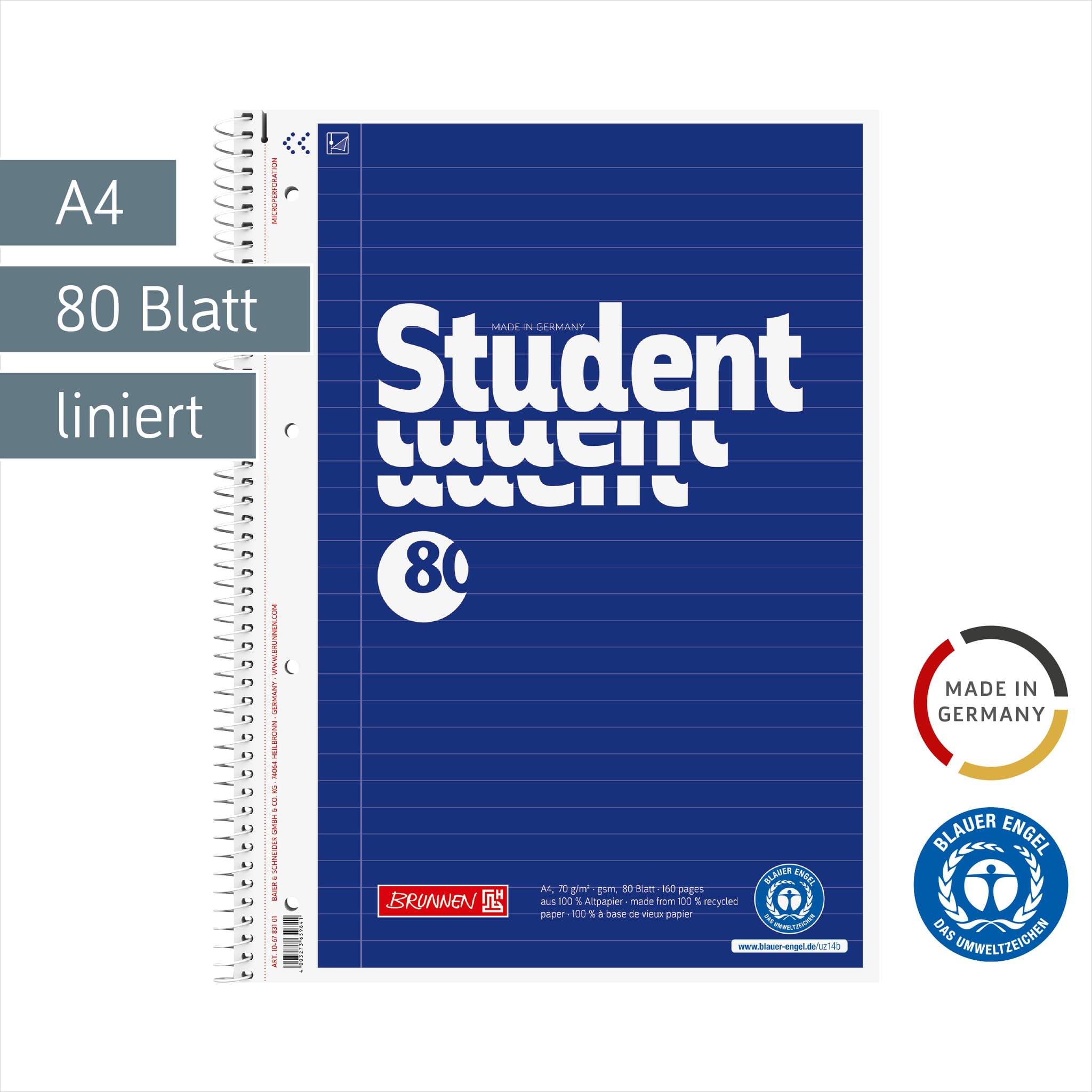 brunnen-collegeblock-student-recycling-a4-liniert-80-blatt-blau image 2