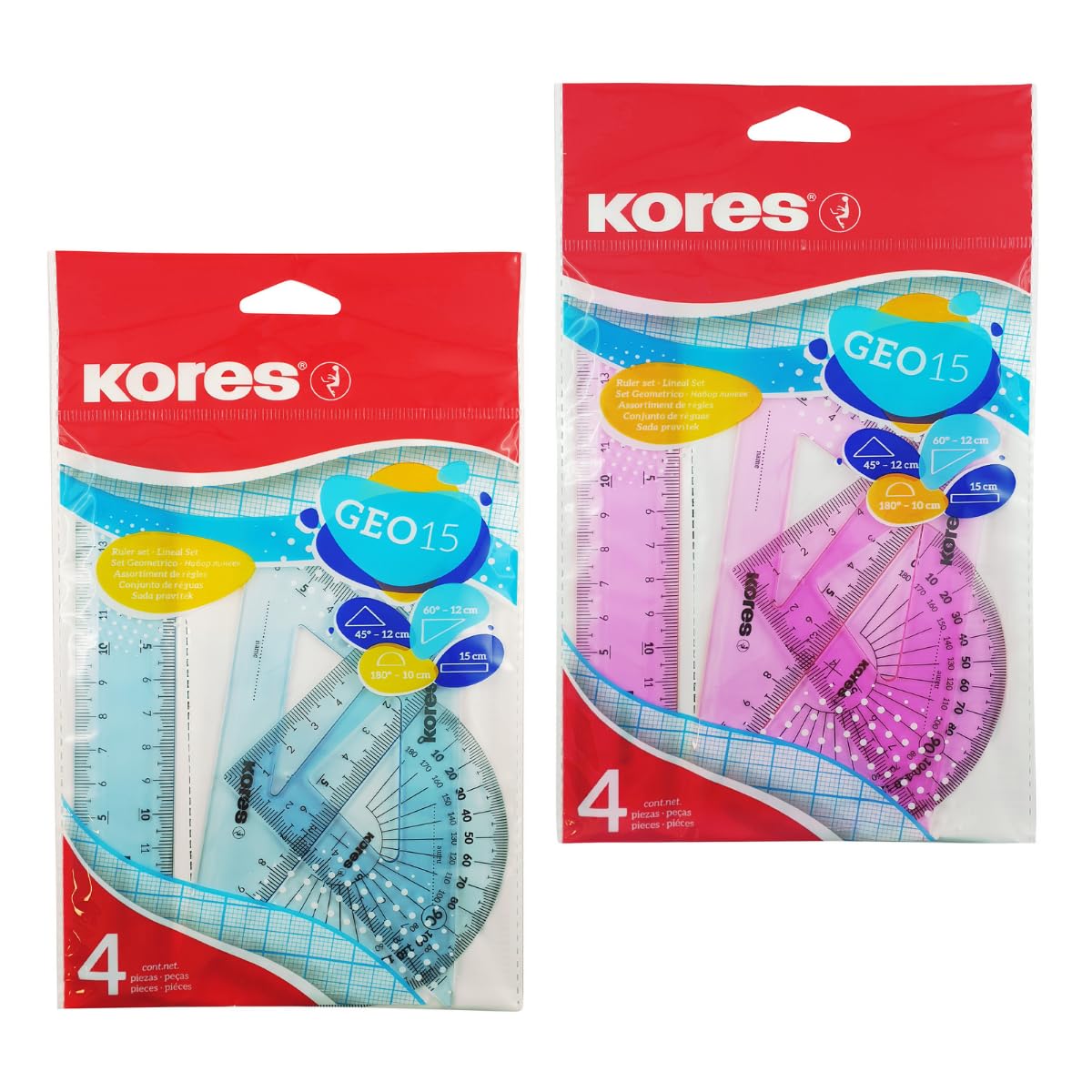 kores-geo15-mathematik-set-4-teilig-lineal-winkelmesser-zeichendreieck image 1