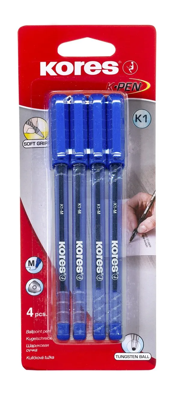kores-k1-kugelschreiber-blau-1-0mm-dreieckig-4er-blister image 1