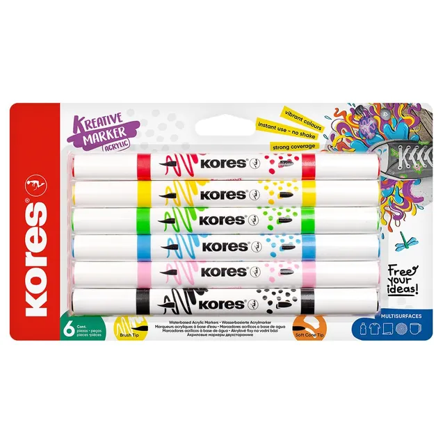kores-kreative-acryl-marker-duo-tip-6-farben-pinsel-und-kegelspitze image 1