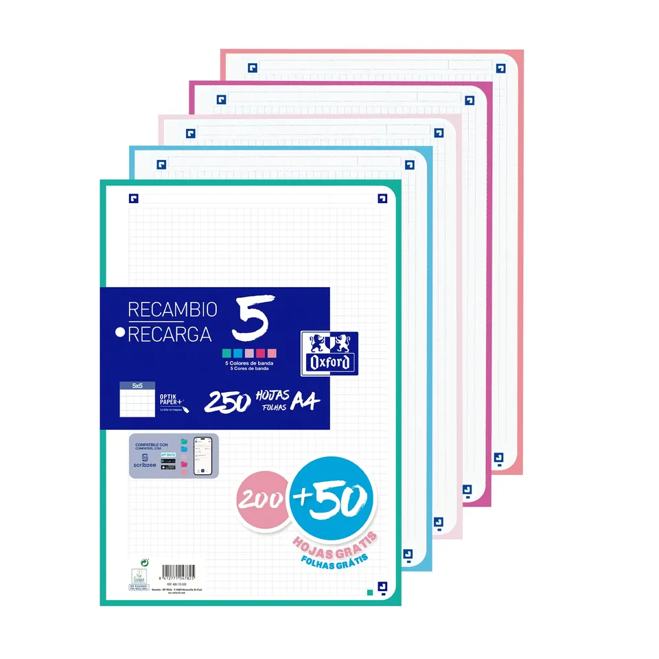 oxford-nachf-llpack-a4-kariert-5x5-250-blatt-4-fach-lochung-5-pastell-bandfarben image 1